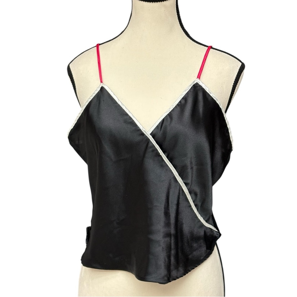 Victoria’s Secret Black Satin Camisole Pink Strap Medium Y2K Lingerie Top